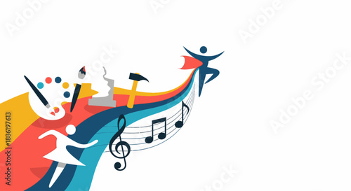 An evocative flat design illustration symbolizing creativity and inspiration, drawing on the artistic spirit of the Coconut Grove Arts Festival. This 2D vector represents innovative thought and artist