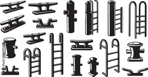 Collection of nautical bollards and ladders illustrations