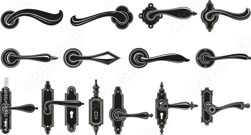 Big collection of vintage door handles vector set featuring antique metal levers and knobs isolated on white background for home interior decoration design.