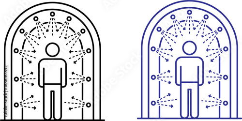 Sanitization Tunnel and Disinfection Booth Vector Icons , Full Body Mist Shower Safety Graphics