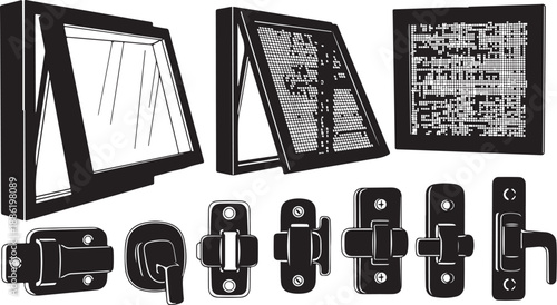 Black and white window hardware and latch illustrations