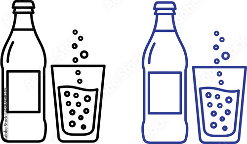 Soda bottles and glasses with bubbles, refreshing drink concept, beverage illustration