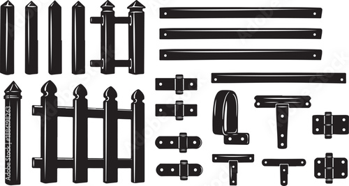 Black metal fence parts and hardware components collection