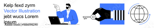 Business strategy, digital platforms, cybersecurity, data sharing, global networking, remote work. A person working on a laptop, a hand holding a key and a globe icon. Cybersecurity and global