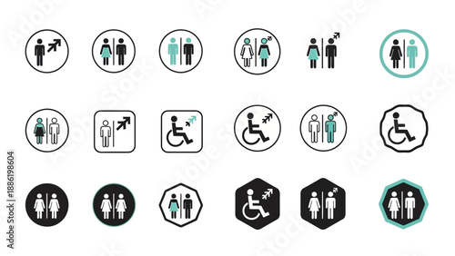 Collection of restroom signs for men women and disabled people.