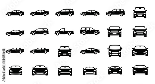 Collection of Black Car Silhouettes Various Angles and Types.