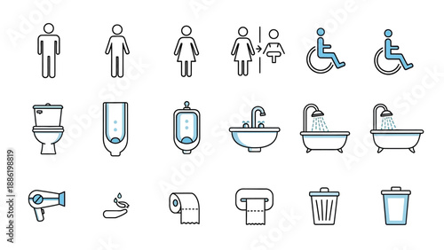 Bathroom Icons Set Toilet Sink Shower Bathtub Hair Dryer.