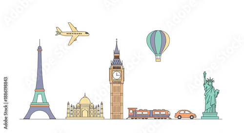 Global travel icons: Eiffel Tower, Taj Mahal, Big Ben, Statue of Liberty
