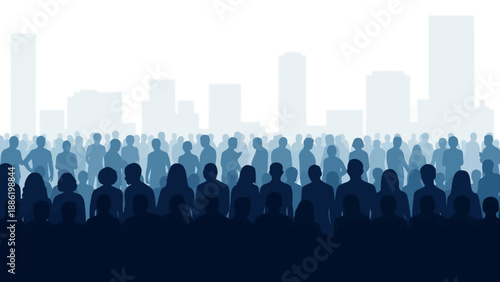 Large Crowd of People Silhouettes Against City Skyline Background.
