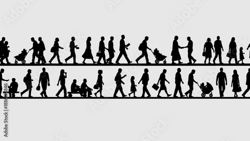 Silhouettes of people walking in a line.