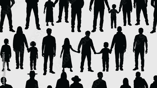 Diverse group of people silhouettes holding hands in unity and community.