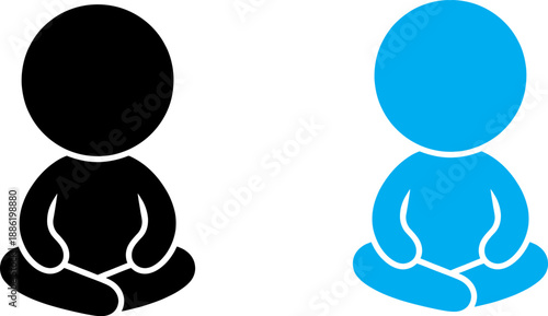 Two meditating cartoon characters, black and blue, sitting in lotus position, white background