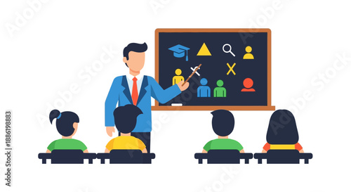 Teacher Instructing Students in a Classroom with Shapes on Blackboard