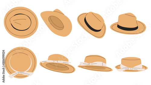 vector set of summer straw hats including fedora and boater styles with black and white ribbons, shown in different angles and views. Perfect for fashion projects, travel and beach themes, lifestyle