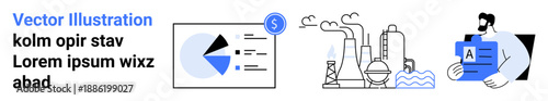 Data-driven analysis with charts, industrial factories emitting smoke, and professional displaying ID card. Ideal for industry, business, finance, workforce, sustainability, energy simple landing