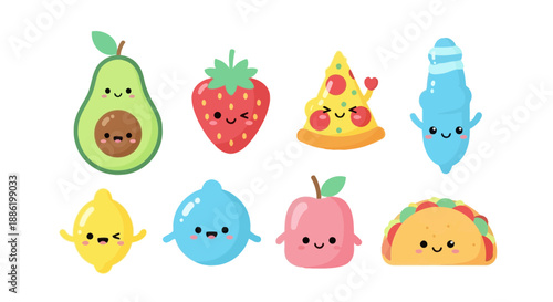 Cute Kawaii Food Characters: Avocado, Strawberry, Pizza, Taco, Lemon