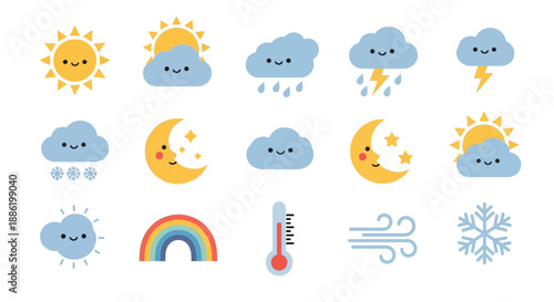 Cute Weather Icons Set - Sun, Clouds, Rain, Snow, Moon, Rainbow
