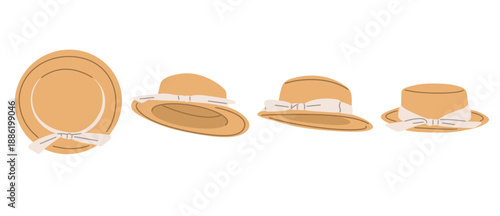 vector set of straw hats with ribbon in different angles and views. Perfect for fashion design, summer themes, travel projects, beach concepts, lifestyle graphics, branding,and editorial illustrations