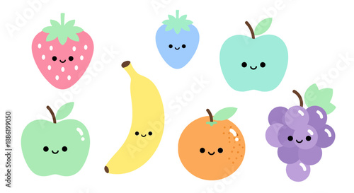 Cute Kawaii Fruits Collection: Strawberry, Banana, Apple, Orange, Grapes