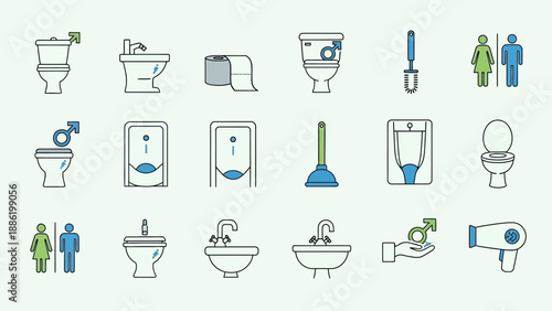 Bathroom Icons Collection Toilet Sink Faucet Hairdryer.