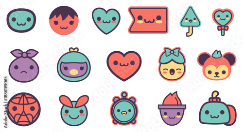 Cute Kawaii Faces and Icons Set