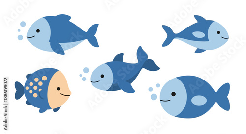 Cute Blue Cartoon Fish Swimming with Bubbles