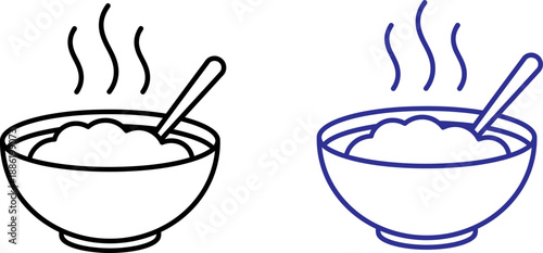 Two steaming bowls of oatmeal with spoons, one black and white, one blue outline, on white background