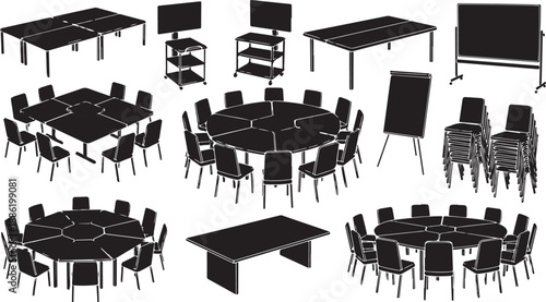 Furniture for classroom and meeting room settings illustrated