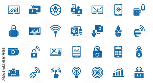 Technology Icons Set: Security, Finance, Connectivity, Devices