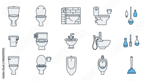 Collection of bathroom fixtures and accessories line art illustrations.