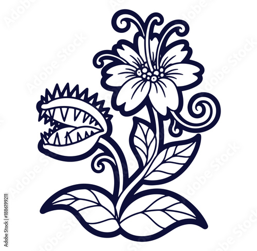Elegant dark blue vector illustration of a carnivorous plant with a decorative flower