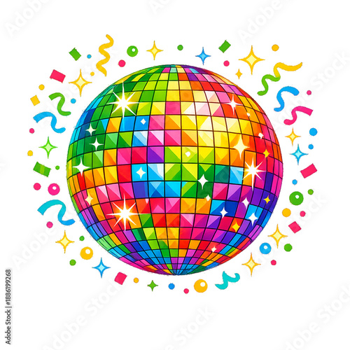 Vibrant Rainbow Disco Ball Party with Confetti and Sparkles