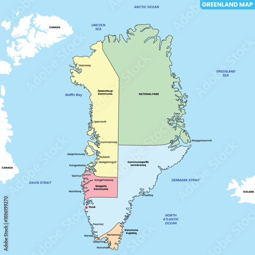 Detailed vector Illustration of Greenland map State and District map with neighbour geographical map of Greenland