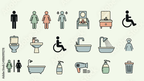 Collection of bathroom and restroom icons and symbols.
