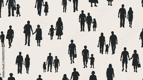 Seamless Pattern of Silhouetted People Walking and Holding Hands.