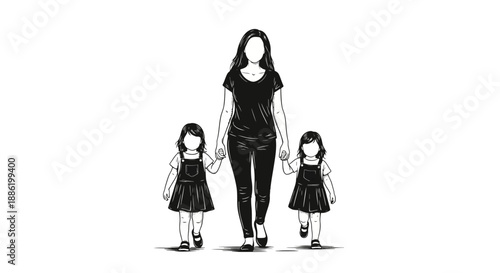 Mother walking with her two daughters holding hands.