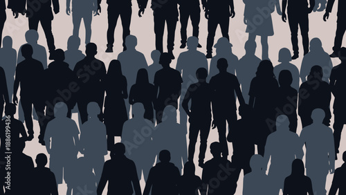 Crowd of diverse people silhouettes in various shades of gray.