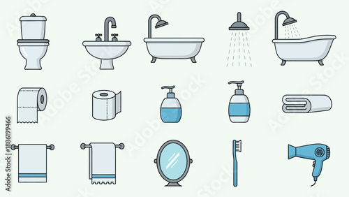 Collection of Bathroom Icons and Objects.