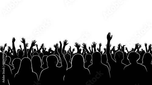 Crowd Silhouette Hands Raised White Background.