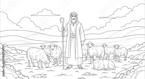 Protective Biblical Shepherd with Staff and Sheep Grazing in Peaceful Landscape Line Art for Kids Coloring Page