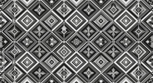 Geometric pattern featuring diamond shapes, abstract designs, and symmetrical elements in black and white, creating a visually striking and repetitive motif from a top-down viewpoint