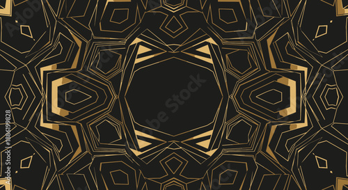 Intricate golden pattern on black background, symmetrical geometric design, ornate luxury, decorative illustration, abstract art, elegant visuals, ornamental shapes, luxury, artwork