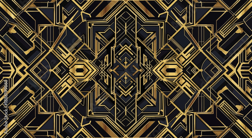 Intricate gold geometric pattern on black background, featuring symmetrical designs and abstract shapes, creating a luxurious and modern illustration