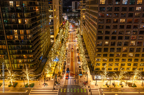 Water Street Tampa Holiday Christmas Lights Illumination at Night Aerial View. 