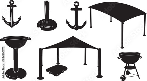 Black silhouettes of nautical and outdoor recreational objects isolated
