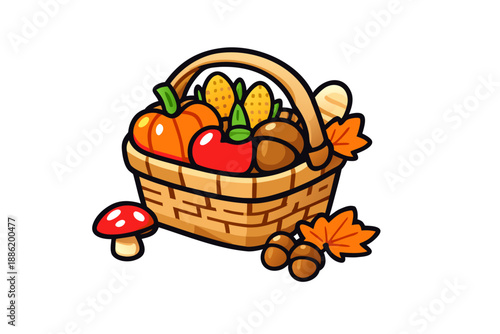 Autumn Harvest Basket with Fresh Fruits and Vegetables