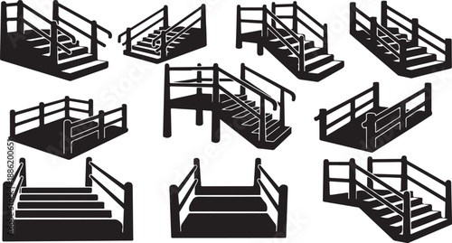Collection of various staircases with railings in black silhouette