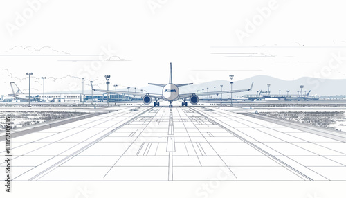 Blueprint style drawing of an airport runway with a commercial airplane centered, surrounded by airport infrastructure and distant mountains.