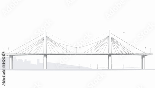 A minimalist line drawing of a cable-stayed bridge with two towers and a flat deck, set against a white background with faint city skyline.