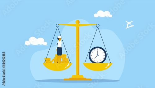 A balanced scale shows money and a person on one side, and a clock on the other, symbolizing the balance between work and time.
